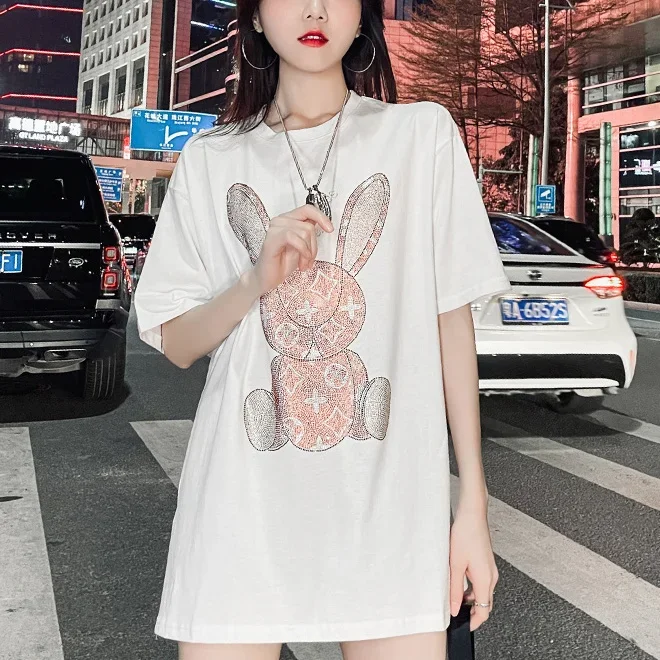 Embroidery - 여성용 여름 캐주얼 티셔츠: 다이아몬드 카툰