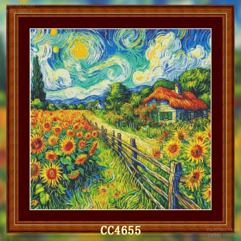 Cross Stitch Stamped Kits Beginners - [CC4656-반 고흐 시리즈 해바라기 농장] 초보자를
