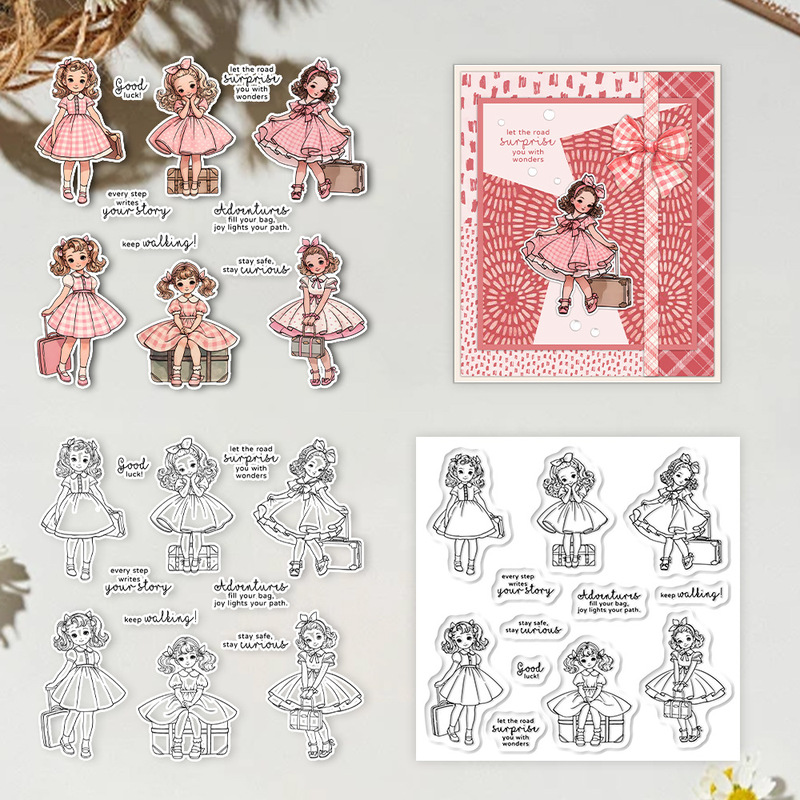 Clear Silicone Stamps For Card Making - Suncraft 사랑스러운 여행하는 어린 소녀 클리어