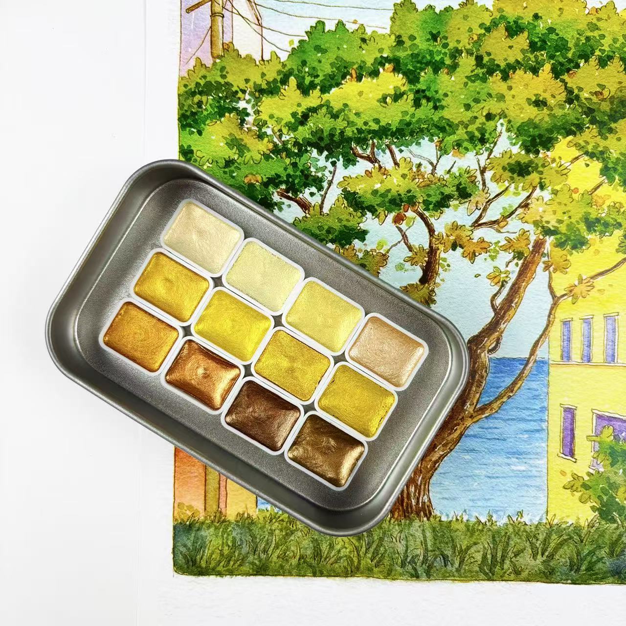 Watercolor Paint Set Solid Pigment - 예술용으로 설계된 12가지 색상의 솔리드 골드