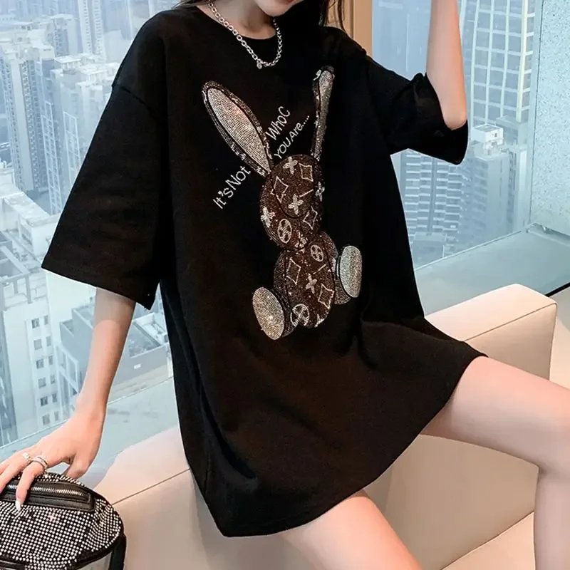 여성용 여름 캐주얼 티셔츠: 다이아몬드 카툰 프린트 반 - Embroidery 리뷰 및 가격