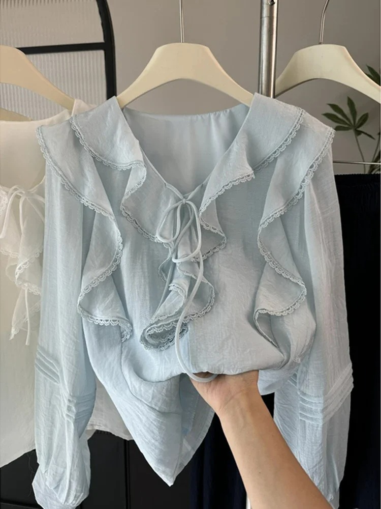 프렌치 V넥 시크 긴팔 블라우스 여성용 봄 여름 러플  - Embroidery 리뷰 및 가격