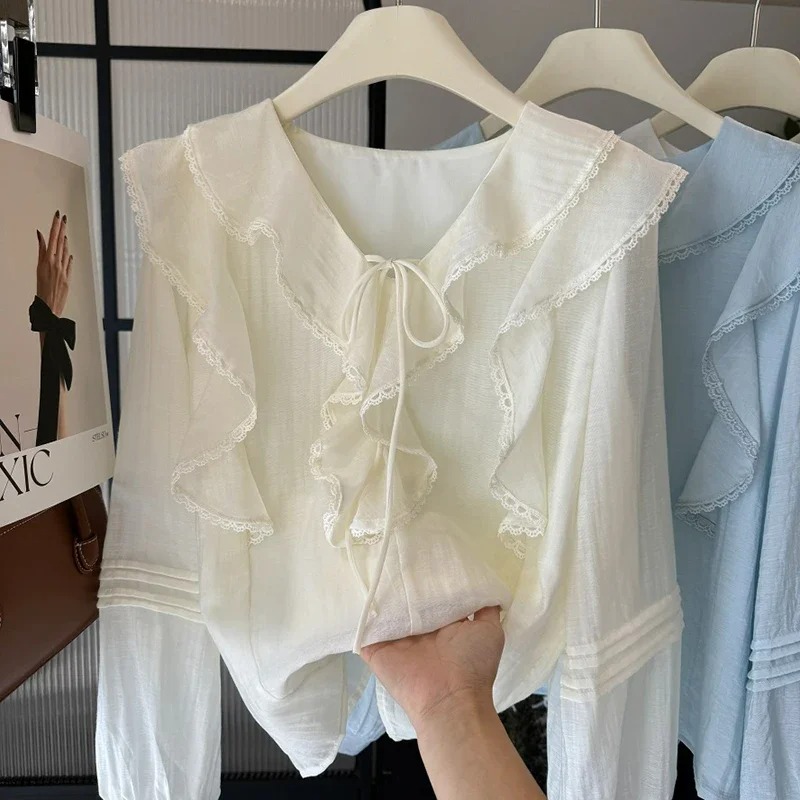 프렌치 V넥 시크 긴팔 블라우스 여성용 봄 여름 러플  - Embroidery 리뷰 및 가격