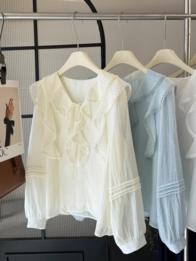 프렌치 V넥 시크 긴팔 블라우스 여성용 봄 여름 러플  - Embroidery 리뷰 및 가격
